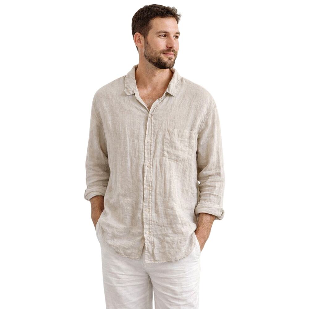 CP Shades Linen Shirt Men’s Medium Beige Button Up Made USA Coastal Minimalist